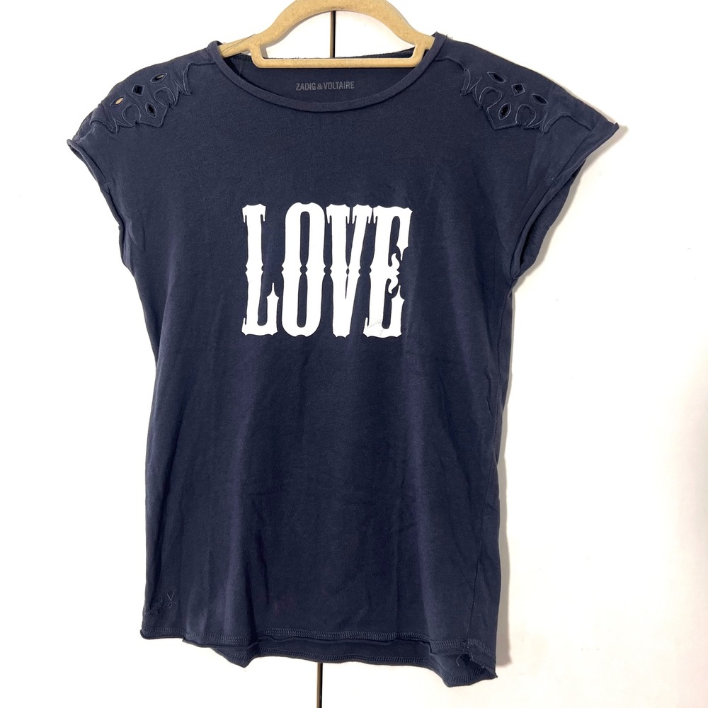 Zadig & Voltaire Y2K Love Graphic T Shirt Womens S Blue Eyelet Trim Short Sleeve